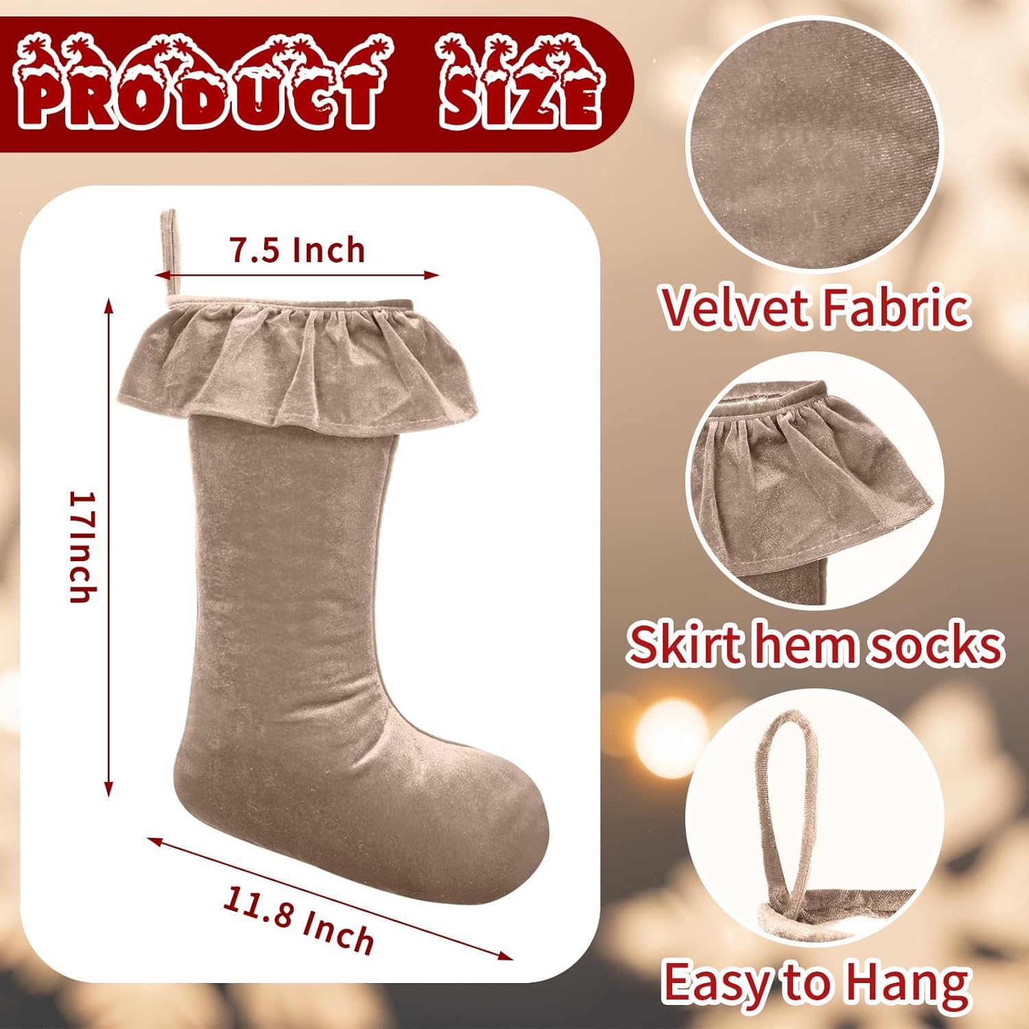 4 Pcs 11.8 x 19 Large Brown Velvet Christmas Stocking Xmas Plush Stocking Fireplace Decor Hanging Christmas Socks Gift Fillers Suffer Bags for Family Xmas Tree Hanging Ornament