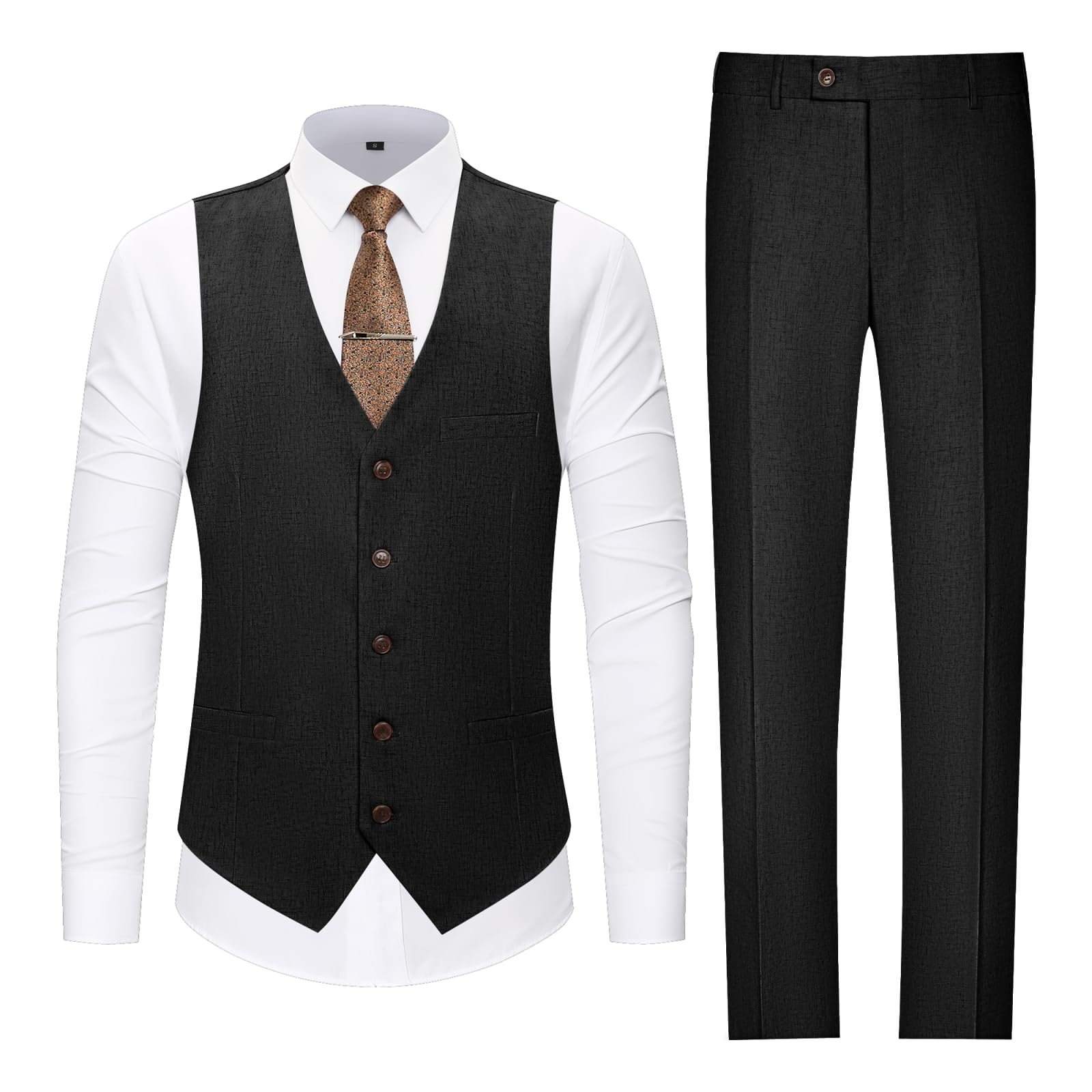 ZKHOECR Men's Casual Linen Suit Set 2 Piece Slim Fit Wedding Suits Prom Groomsmen Suit Tuxedos Beach Suits Vest Pants