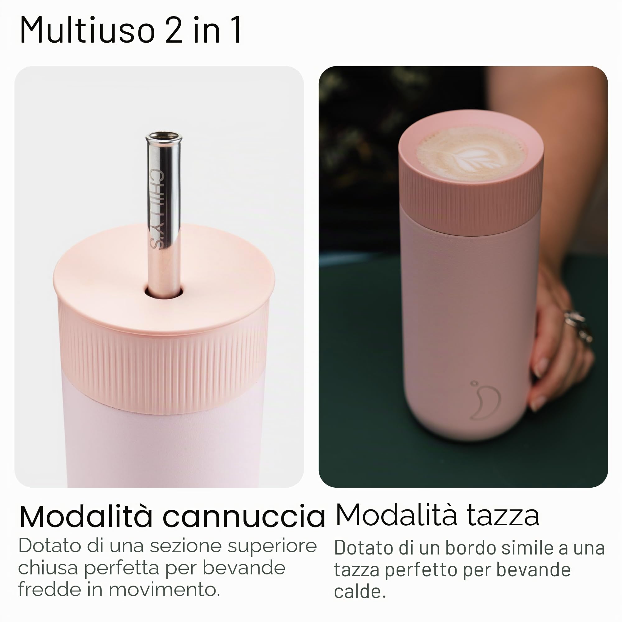 Chilly's Switch - Tazza Switch in acciaio inossidabile senza BPA con cannuccia larga per frullati e tè - A doppia parete, isolata sottovuoto - Blush Pink, 500ml