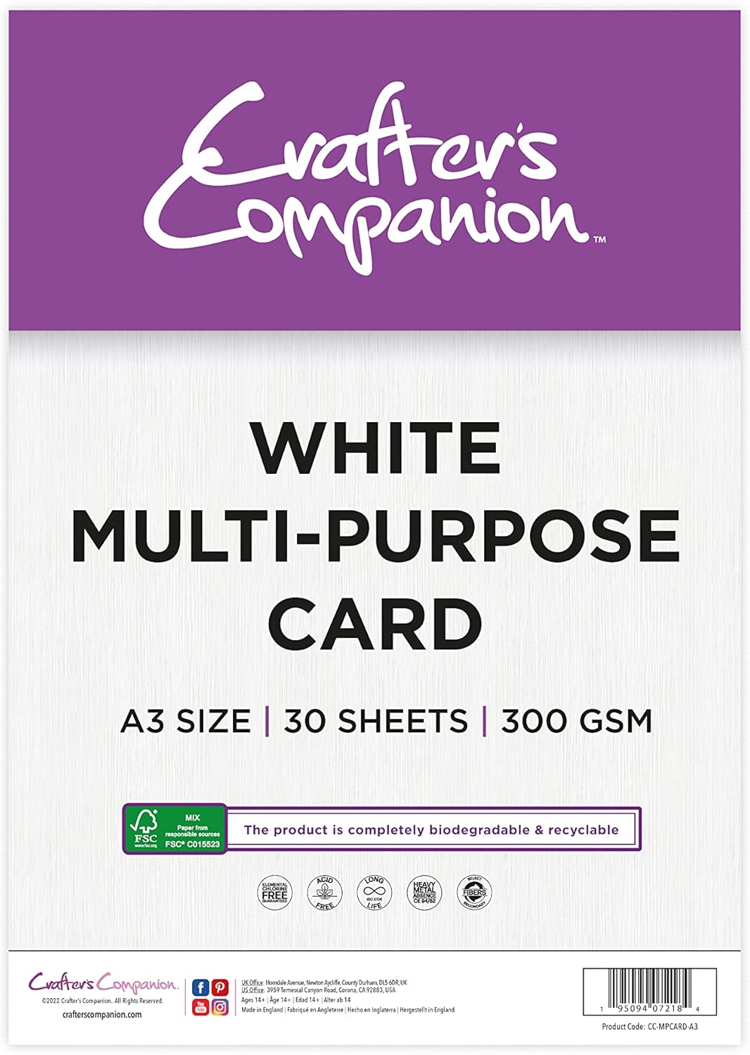Crafter's Companion A3 MultiPurpose White Cardstock Pack of 30