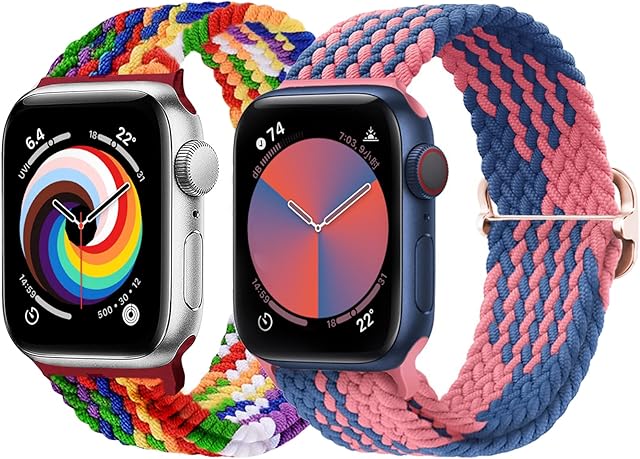 Stretchy Braided Straps Compatible with Apple Watch Strap 40mm 42mm 38mm 44mm 45mm 41mm for Women men, Adjustable Sport Nylon Straps Replacement for Apple Watch SE iWatch Series 8/6/5/4/3/2, 2 packs