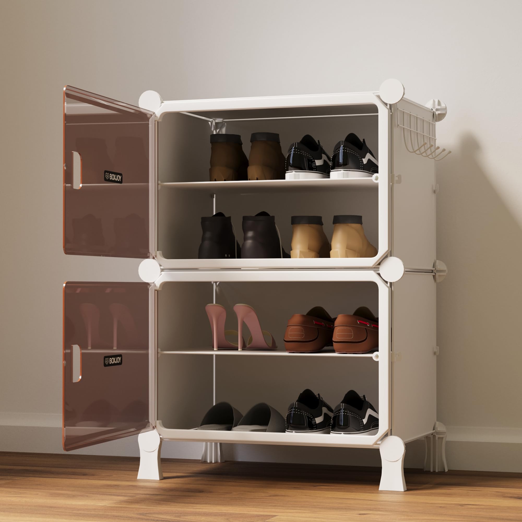 BOXJOY 4 Shelf Shoe Rack with Door Magnets and 5 Hook Steel Holder for Home Storage Box Organizer, Hard PET Plastic with Metal Door Frame, Shoe Chappal Slipper Sandals Stand(White, Brown Door)-image-24