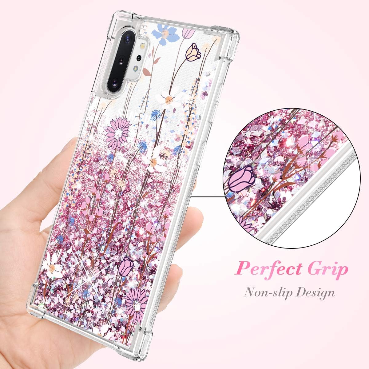 Caka Flower Case for Galaxy Note 10 Plus Glitter Case Floral Patter Liquid Bling Sparkle Fashion Flowing TPU Women Girl Case for Samsung Galaxy Note 10+ Plus 5G (6.8 inch) (Pink Flower)