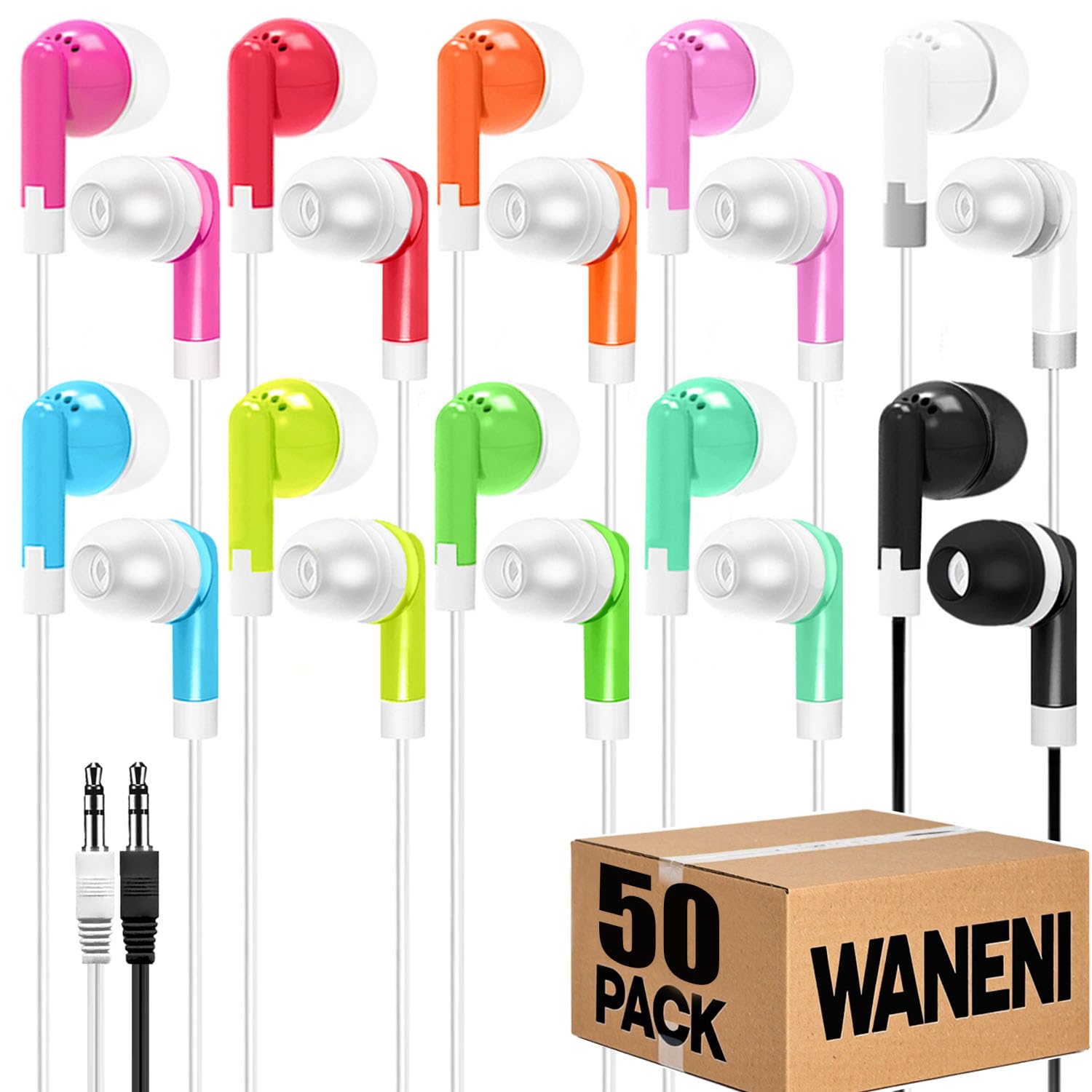Bulk Classroom - Confezione da 50 auricolari per bambini e studenti, cuffie in-ear cablate con jack da 3,5 mm, per scuola, compatibili con Chromebook, set multipack