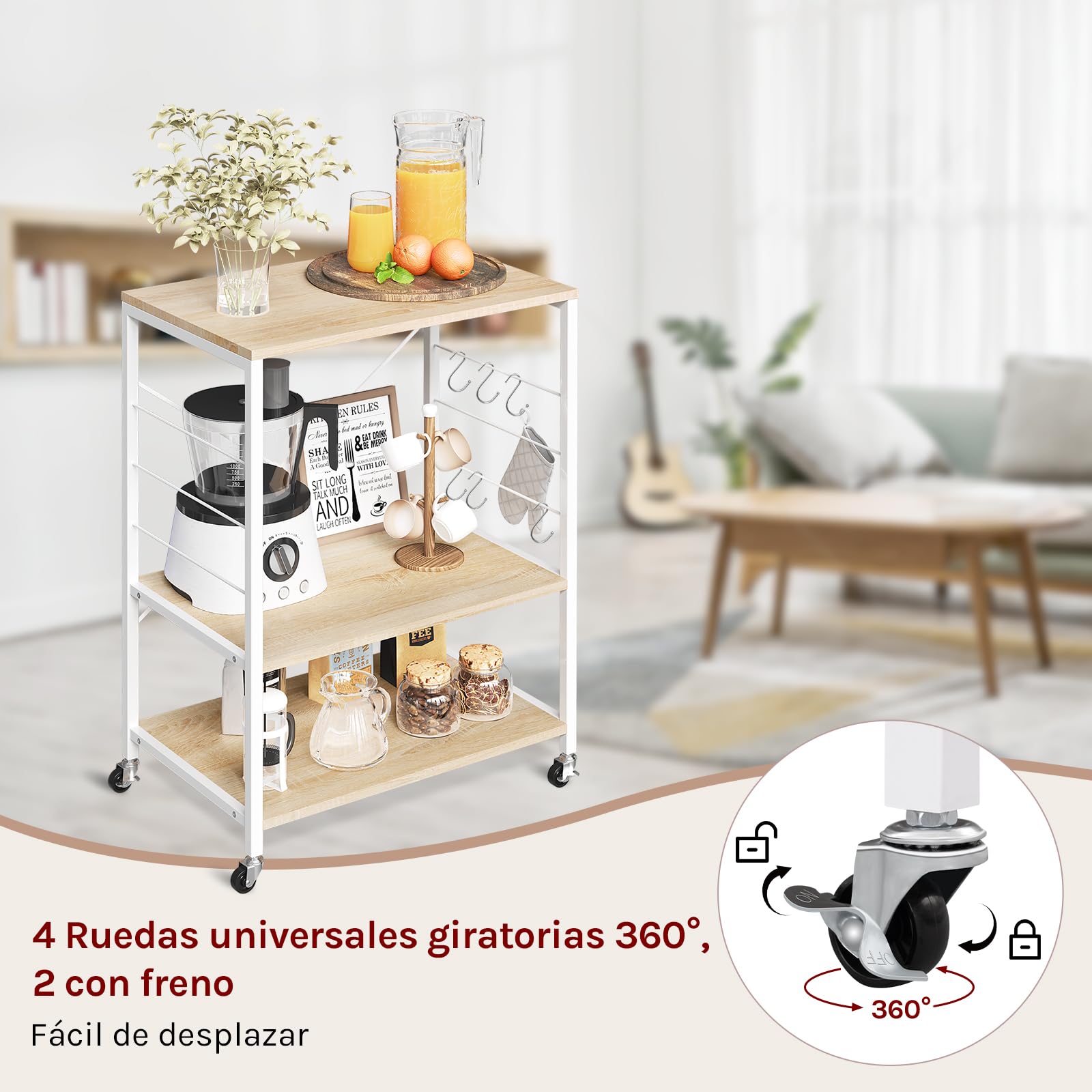 WOLTU Estantería de Cocina con Ruedas, Carrito Auxiliar con Estanteria Almacenaje 3 Niveles, Carro Cocina con 4 Ganchos, Estante de Microondas, Marco Metalico, Blanco + Roble Claro, 60x40x82,5 cm