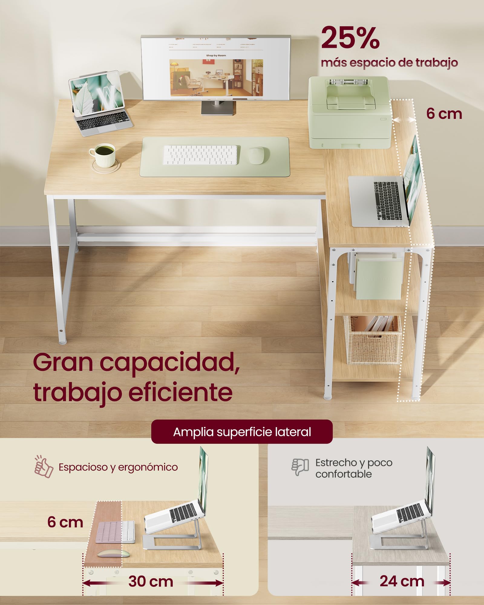 VASAGLE Escritorio en Forma de L, con Estantes Ajustables, 120 x 80 x 76 cm