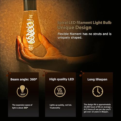 Miniatura 3 de Kiraralite ST19ST58 - Bombilla LED Edison vintage paquete de 6 blanco natural de 4000 K bombilla de filamento LED en espiral flexible antigua