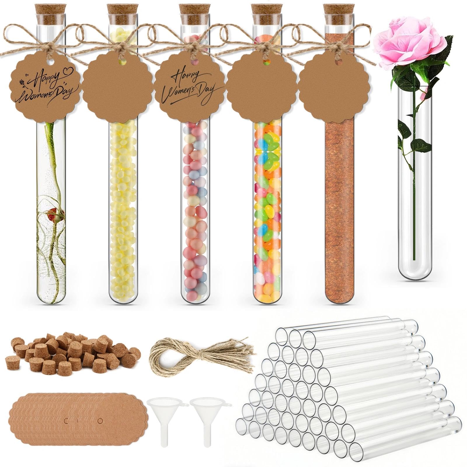 Zikenis 50 Pcs tubes à essai avec bouchon En plastique-Avec liège-150x16mm | Avec 50 étiquettes en papier kraft + 50 cordes de chanvre + 2 entonnoirs + 50 étiquettes - Pour décoration de