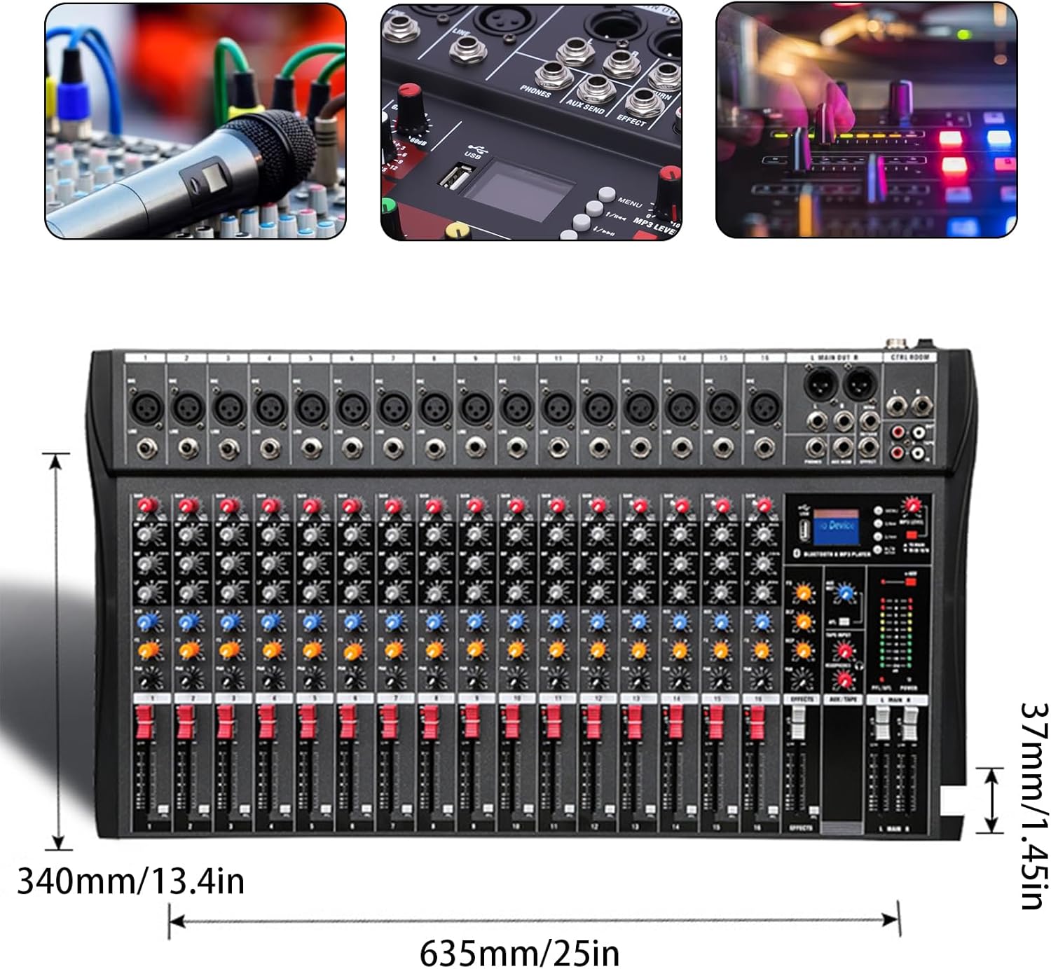 16 channel audio mixer, dx16 professional mixer sound board console, dj mixer board, digital mixer audio with 48v power usb port mp3, bluetooth controller sound mixer for professional and beginners 16-channel