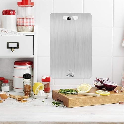 Miniatura 6 de Wekayli Tabla de cortar de acero inoxidable, 3 tablas de cortar para cocina, tabla de cortar antiadherente inoxidable 304 para carne, frutas y
