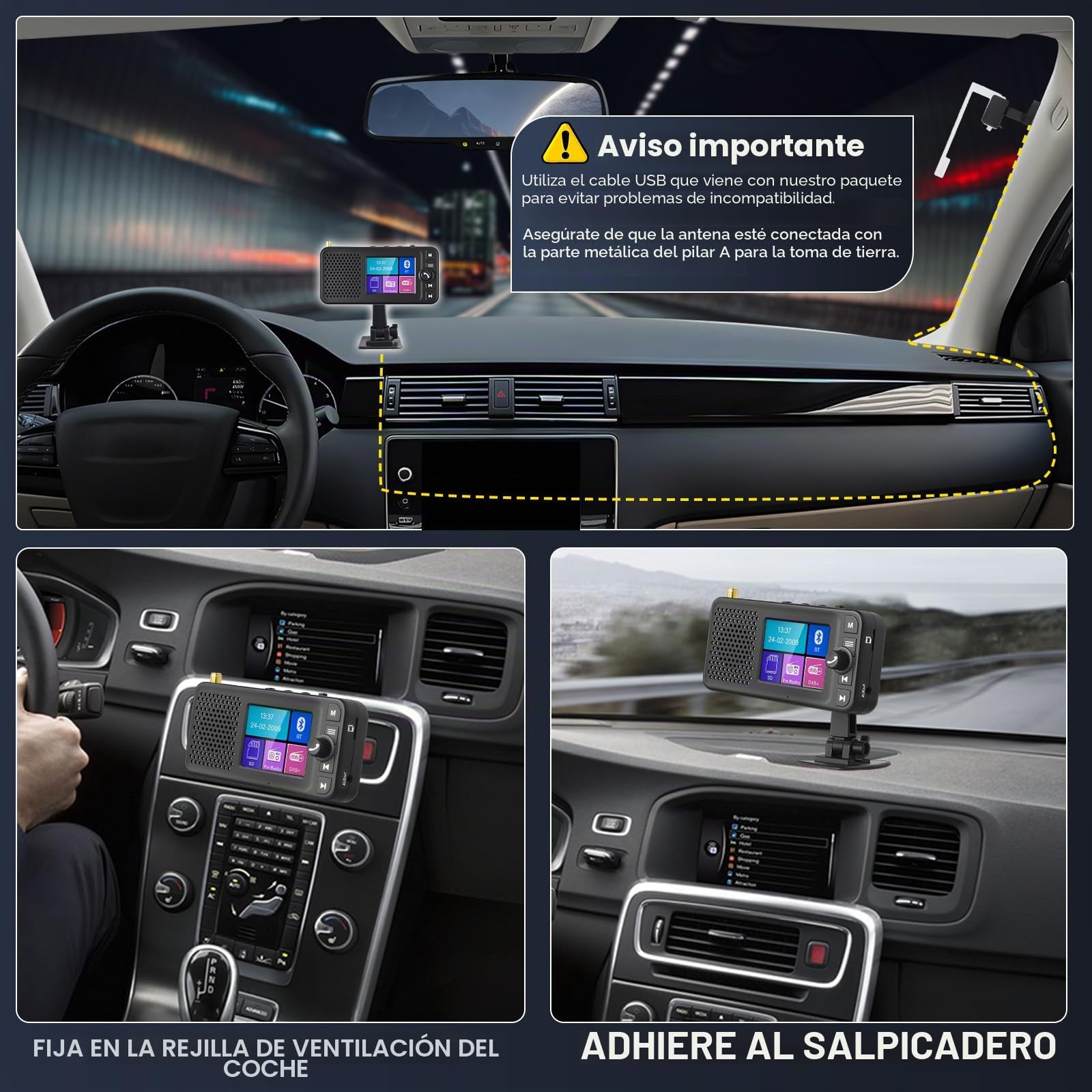 Hikity Adaptador Dab+ Radio Coche 2,4" LCD BT FM Cargador | Transmisor DAB/FM. Bluetooth para Música. Entrada/Salida Auxiliar