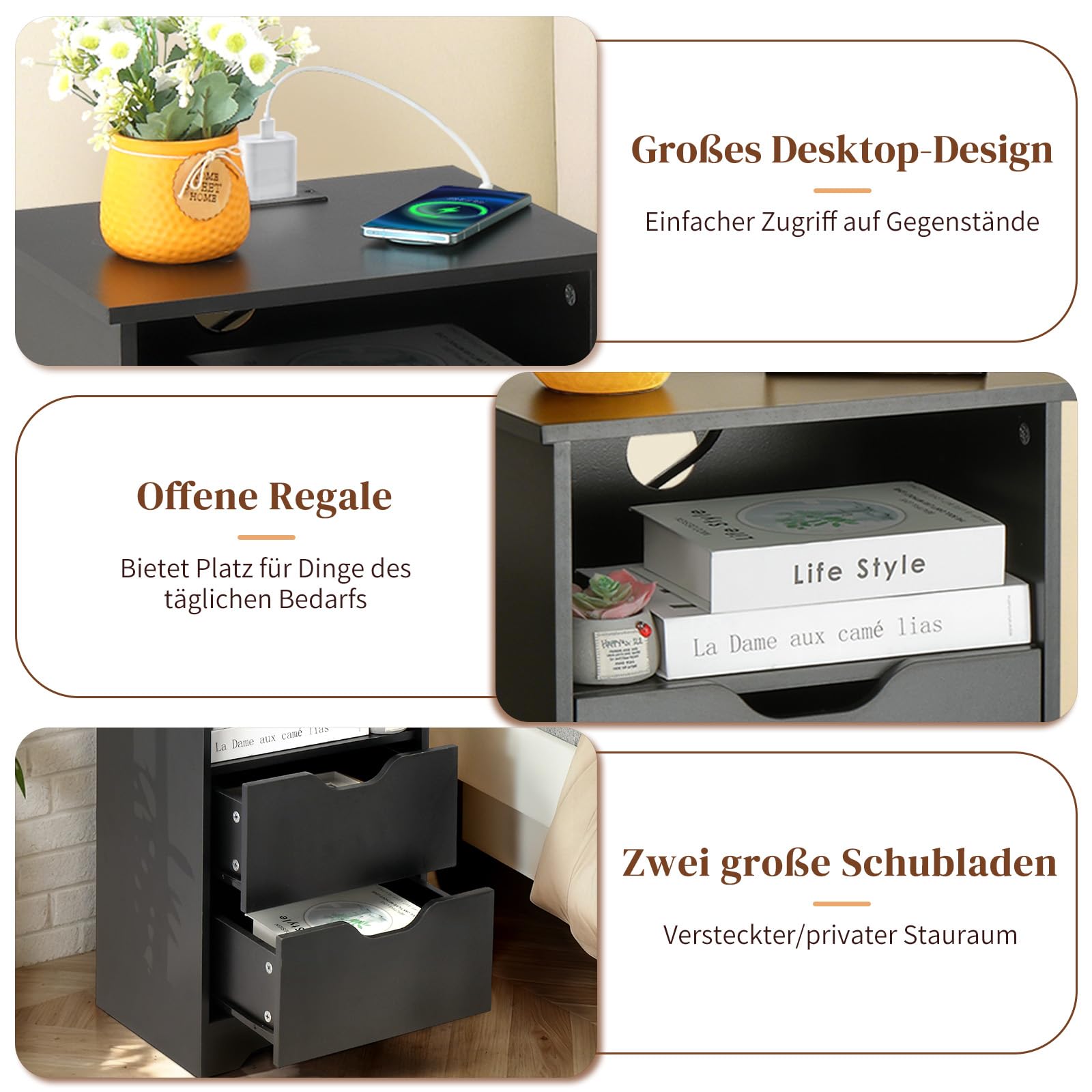 LEADZM Nachttisch 2er Set Nachttische mit Ladestation, 40x30x60cm Schwarz