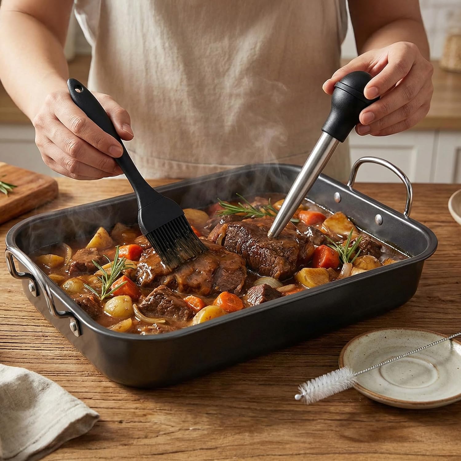 Chicken Roasting Pan with Dropper Set Non-stick Roaster with Rack Silicone Basting Brush Stainless Steel Seasoning Dropper All-in-one Kit for Home Grilling Baking Family Gatherings