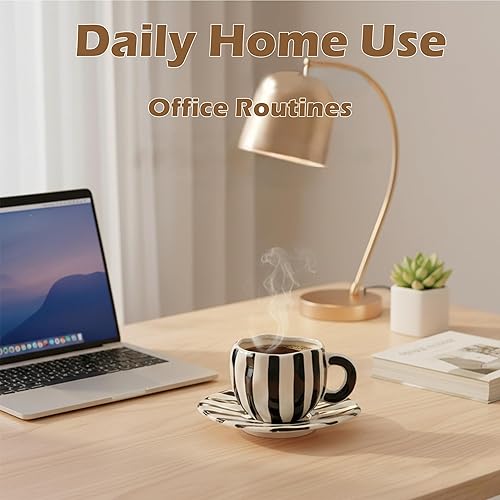 Miniatura 5 de Tazas de café retro grandes de capuchino, 12 oz/12.2 fl oz con rayas blancas y negras, taza de té y platillos, juego de tazas de cerámica para café,