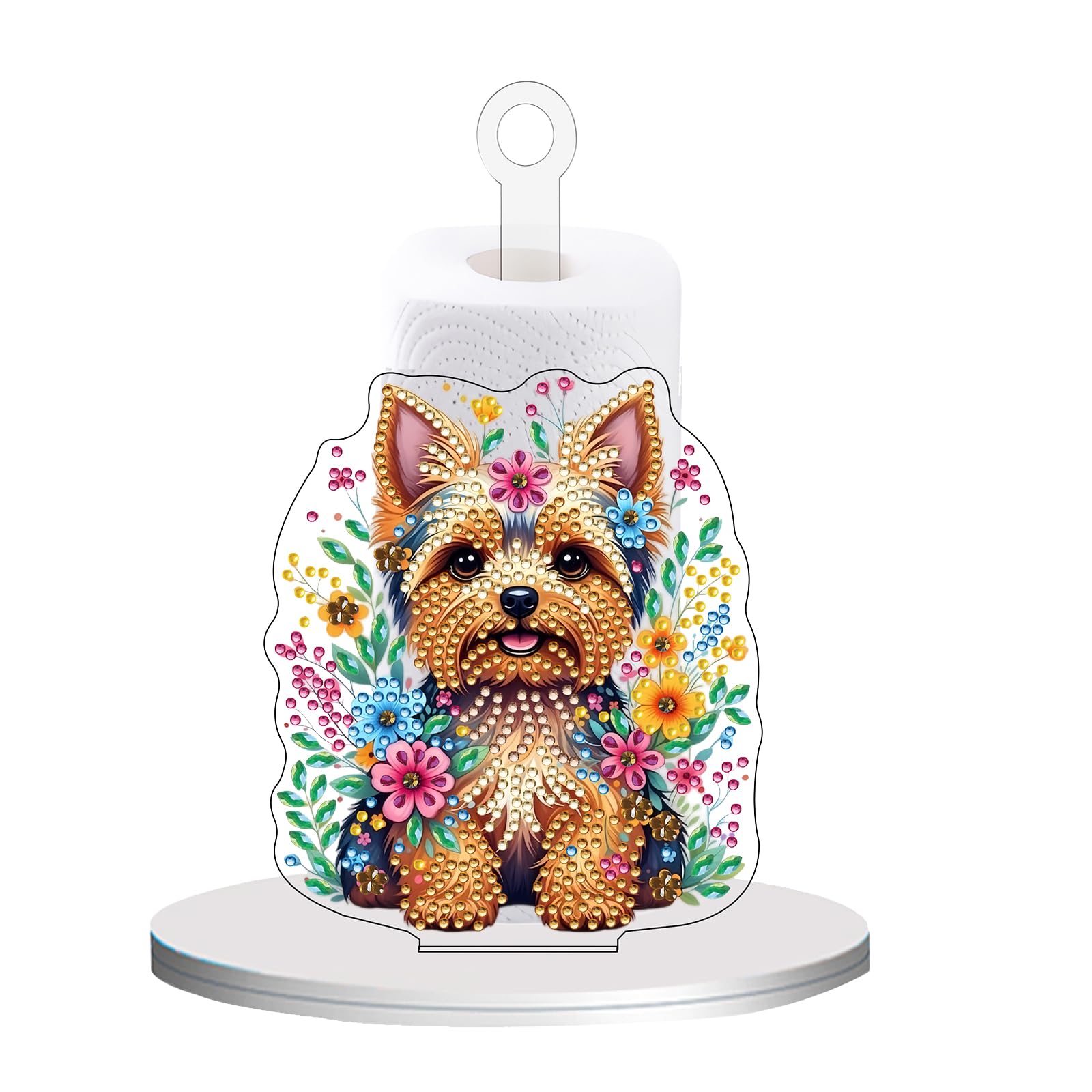 Floral Yorkie Resin Diamond Painting Paper Towel Holder 10.24x5.12 Inch Desktop Tissue Stand for Home & Gifts