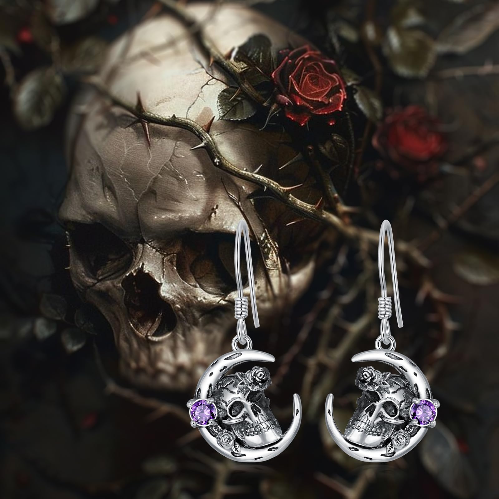 Gothic Moon Skull Rose Drop Earrings, 925 Sterling Silver Natural Amethyst Dangle Earrings, Punk Vintage Jewelry Unique Gift for Women
