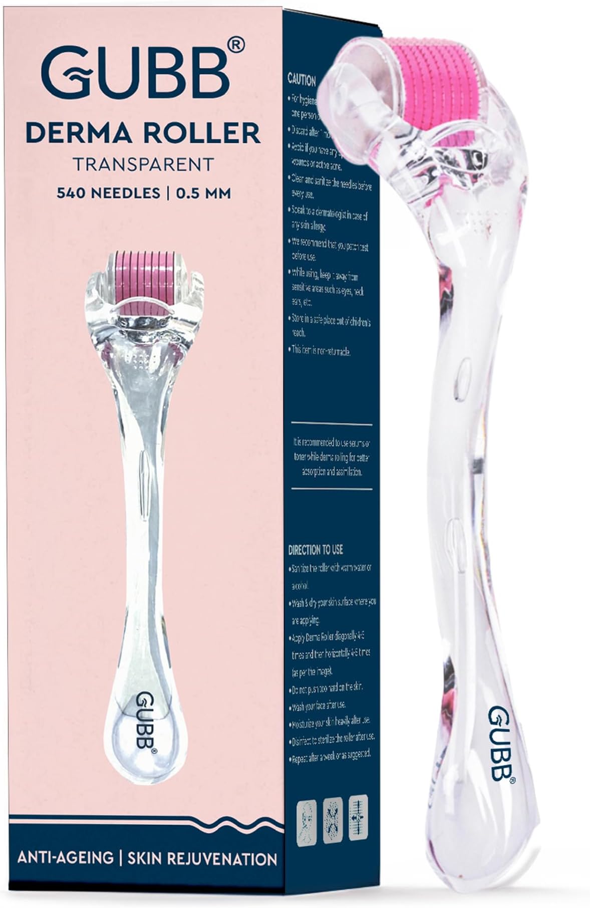 GUBB Derma Roller 0.5mm for Face - Microneedling Tool for Acne Scars,Wrinkles,Beard Growth Stimulator,Skin Rejuvenation,Stretch Marks,Glowing Skin and Hair Regrowth - Transparent Pink