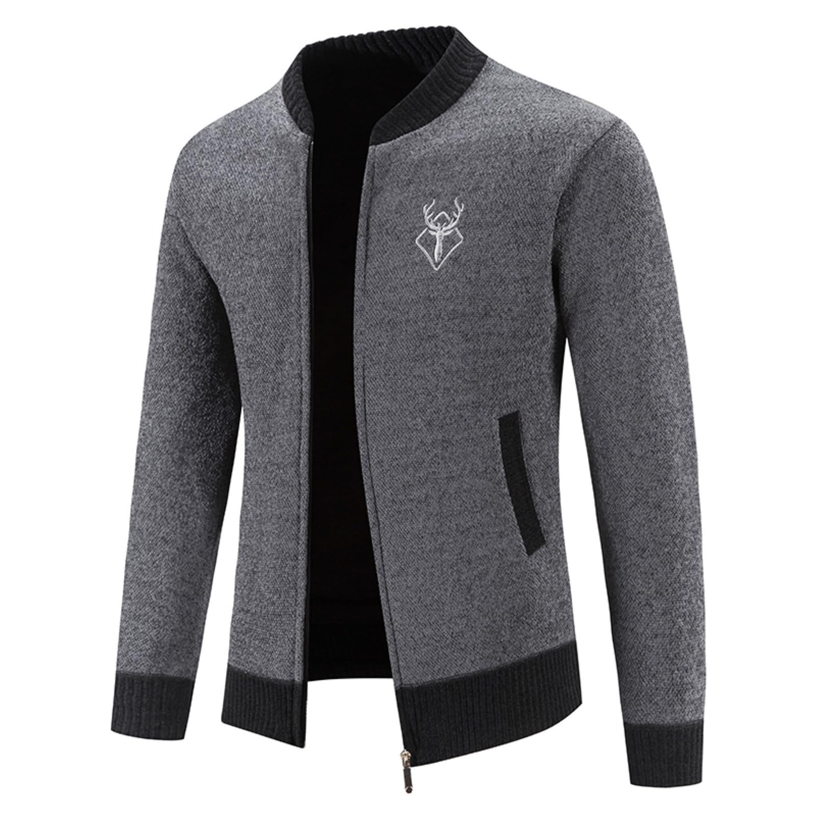 Generisch Strickjacken für Herren Trachtenjacke Klassischer Cardigan mit Reißverschluss und Strick Kragen Langarm Sweatjacke Casual Strickweste Basic Strickpullover