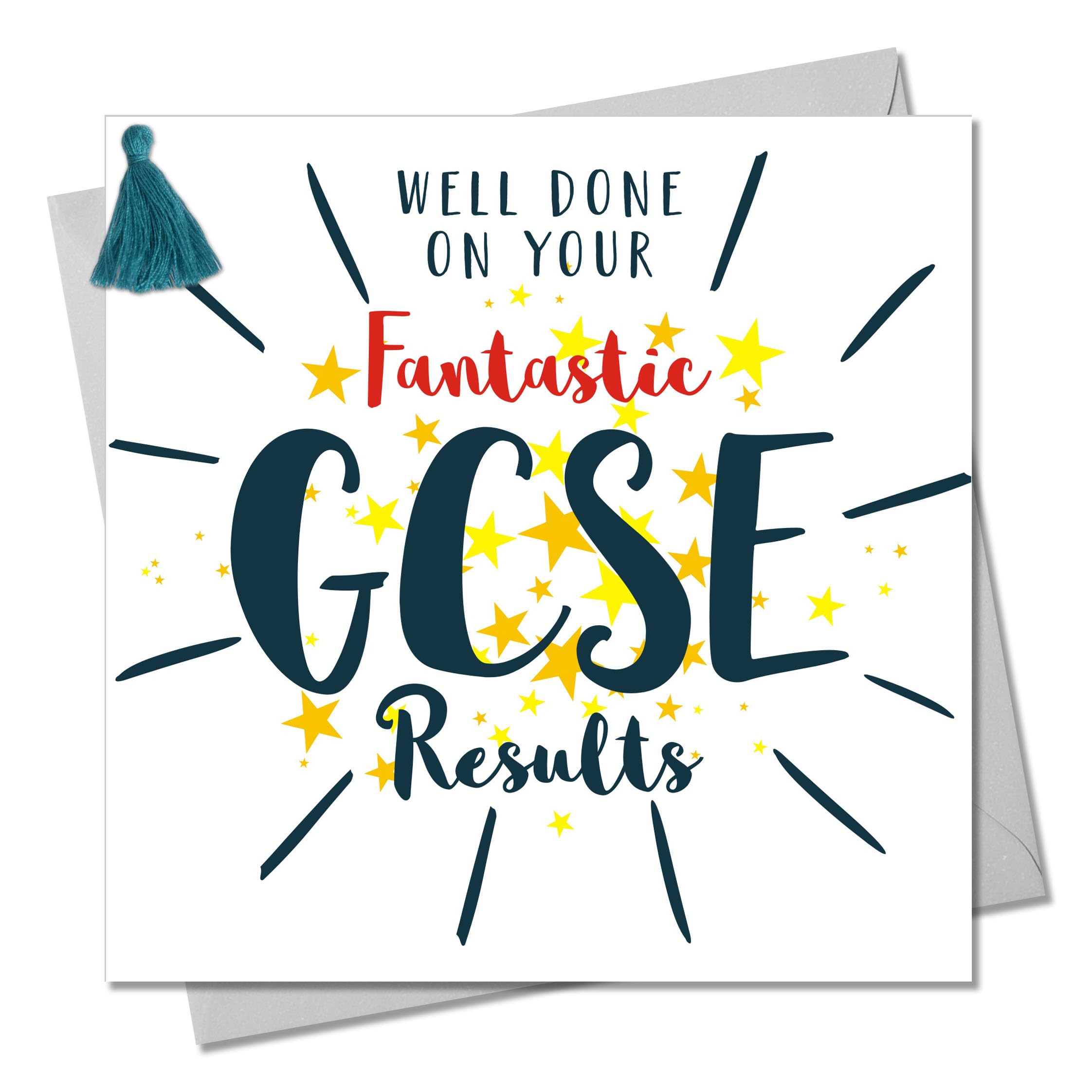 Claire Giles Greeting Cards, Congratulations GCSE Exam Card, Stars design Embellished with a colourful tassel