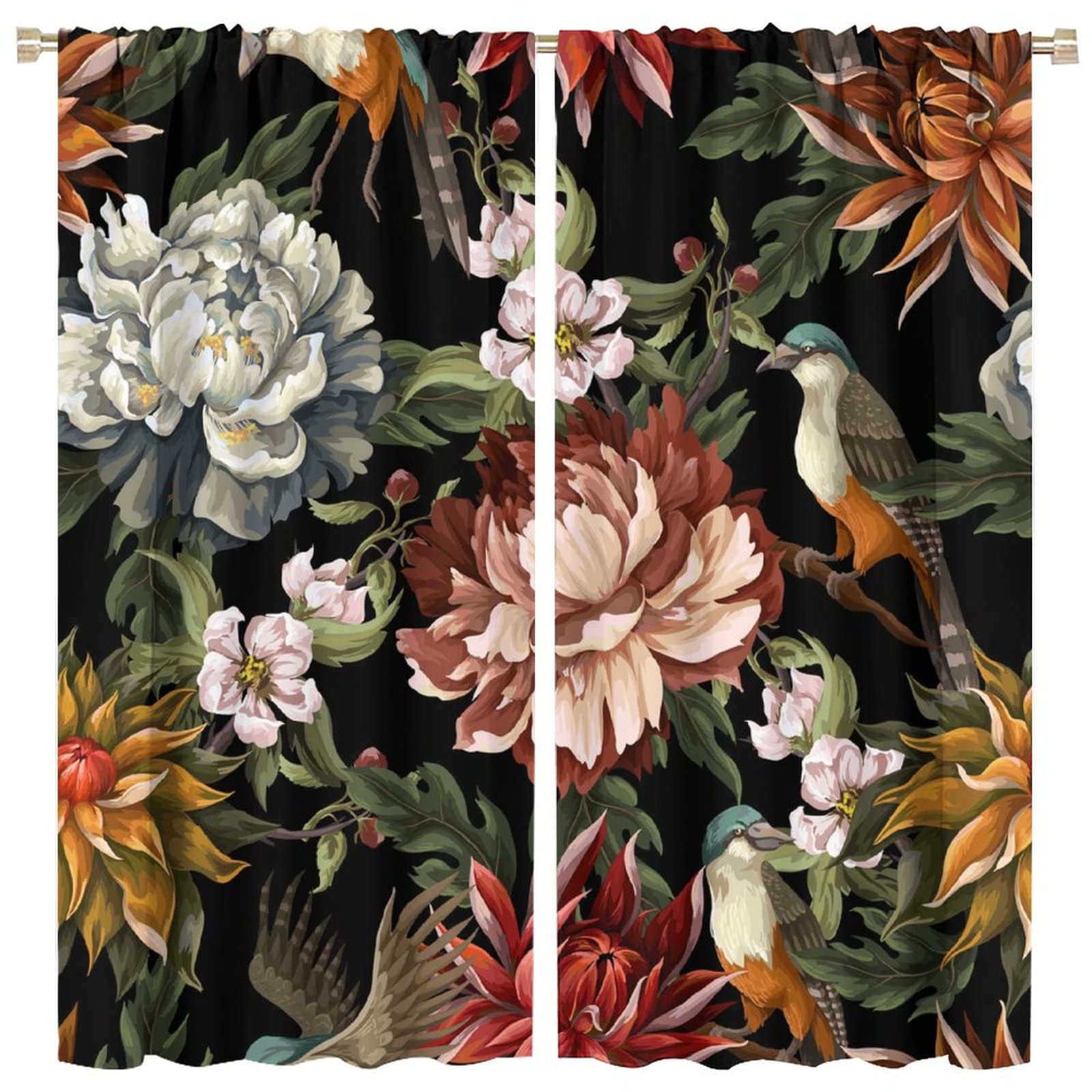 Vintage Floral Curtains Colorful Flowers Birds Green Leaves Black Retro Aesthetic Art Print for Living Room Bedroom Bathroom Decor Rod Pocket Blackout Window Drapes 2 Panels 42x45in