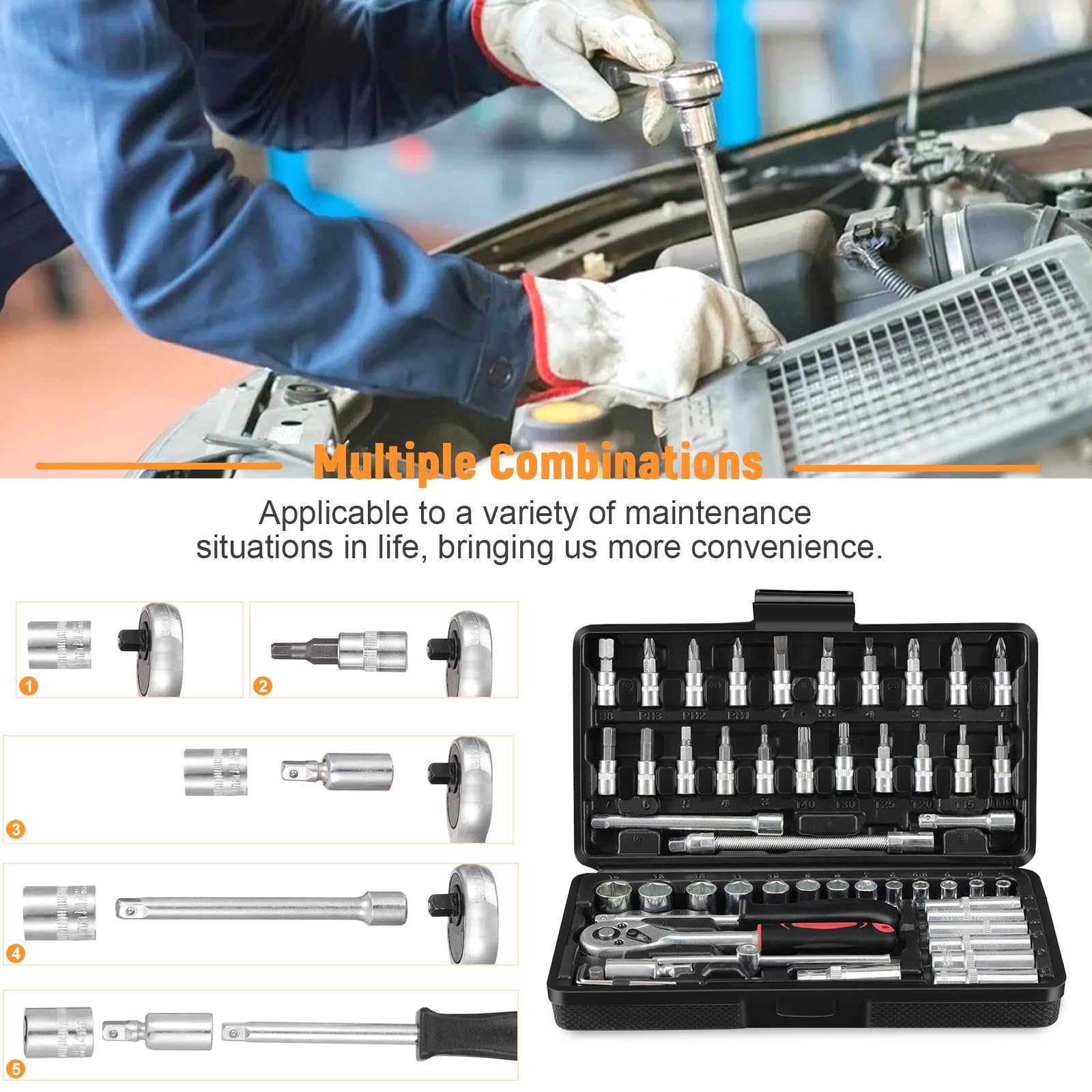 53PCS Coffret de Douilles, Coffret de Embouts, Jeu Coffret Douille Clé à Cliquet de Dégagement, Coffret de Douilles et Embouts Clés à Cliquet 1/4" 72 Dents