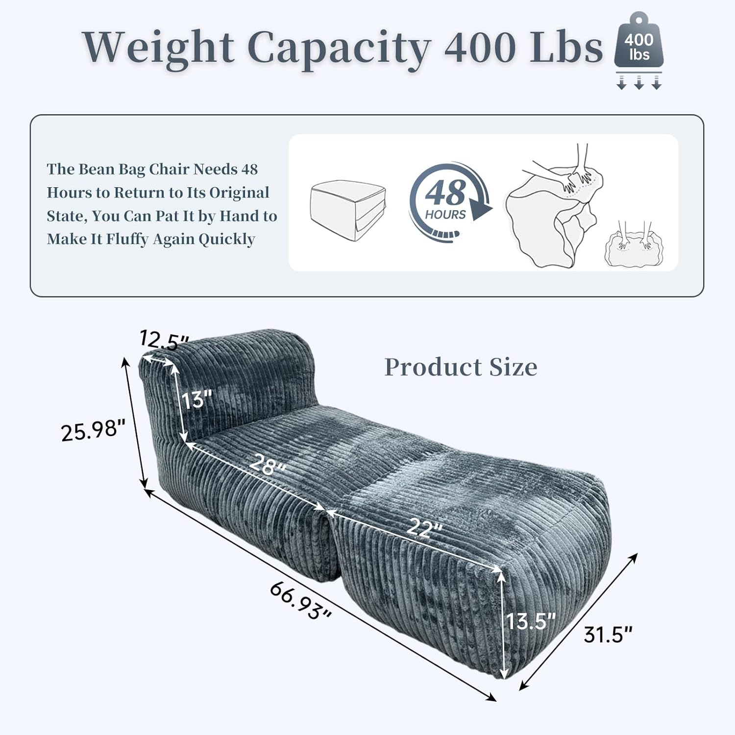 Large Memory Foam Bean Bag Chair for Adults – Big Lounger Sofa Seat for Living Room, Bedroom, or Balcony (Dark Gray)