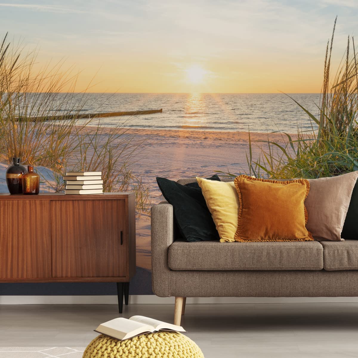 Muralo Zelfklevend vliesfotobehang, zee, strand, duinen, zand, zonsondergang, natuur, landschap, 3D-wanddecoratie voor slaapkamer, woonkamer, kantoor, br. 450 cm x hoogte. 300 cm