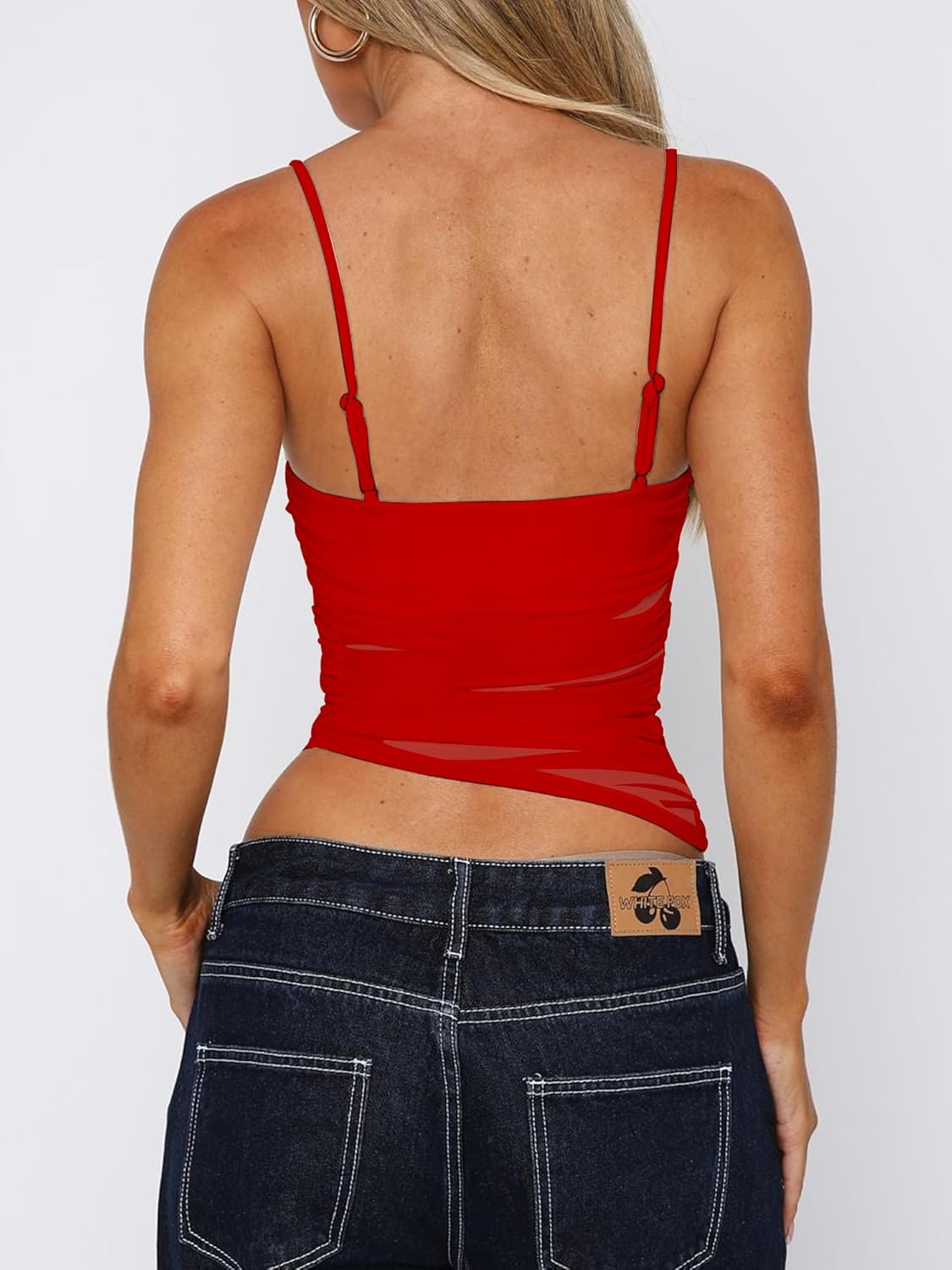 Mizoci Women's Sexy Spaghetti Straps Mesh Asymmetrical Ruched Sleeveless Going Out Camisole Crop Top - Image 2