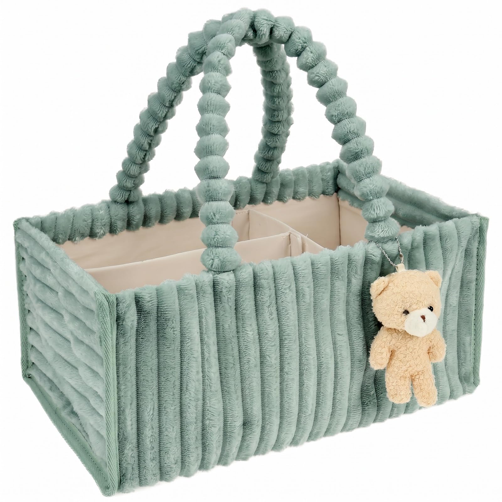 JEJUWE Nappy Caddy Organizer Plush and Non-Woven Fabric Baby Storage Bin Foldable Nursery Basket for Newborn Essentials for Storing Wet Wipe Comb and Small Toy with Bear Charm 38x24x18cm(green)