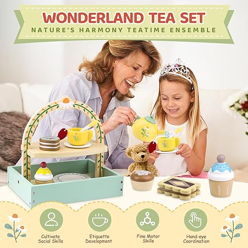 Miniatura 3 de Juego de té de madera para niñas pequeñas, juego de té con soporte para cupcakes y accesorios de cocina de alimentos, juguetes de madera para niños