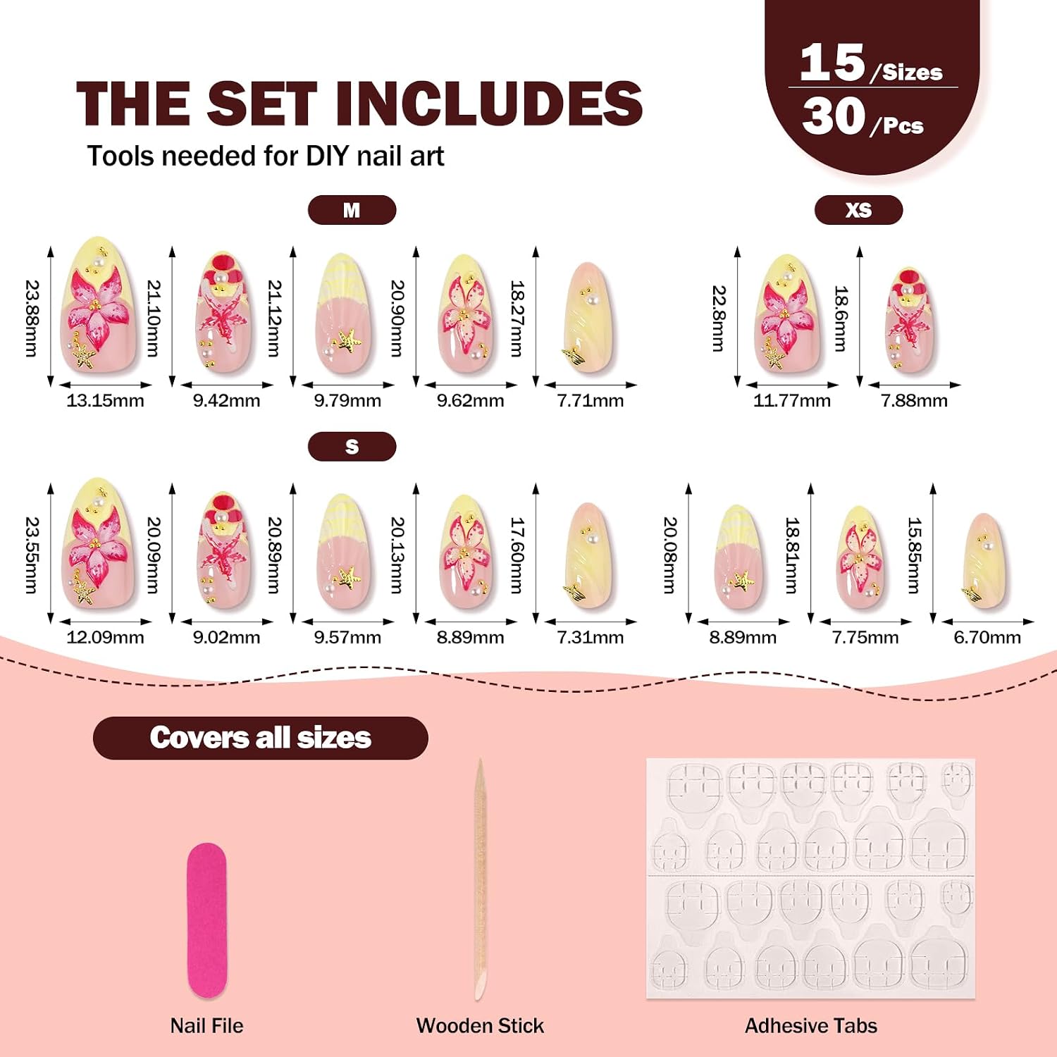 Pastel Yellow Summer Press on Nails Medium Long Almond Fake Nails with 3D Hot Pink Tropical Floral&Butter Yellow French Tip Designs, Vacation Beach Press Ons for Women, 30PCS