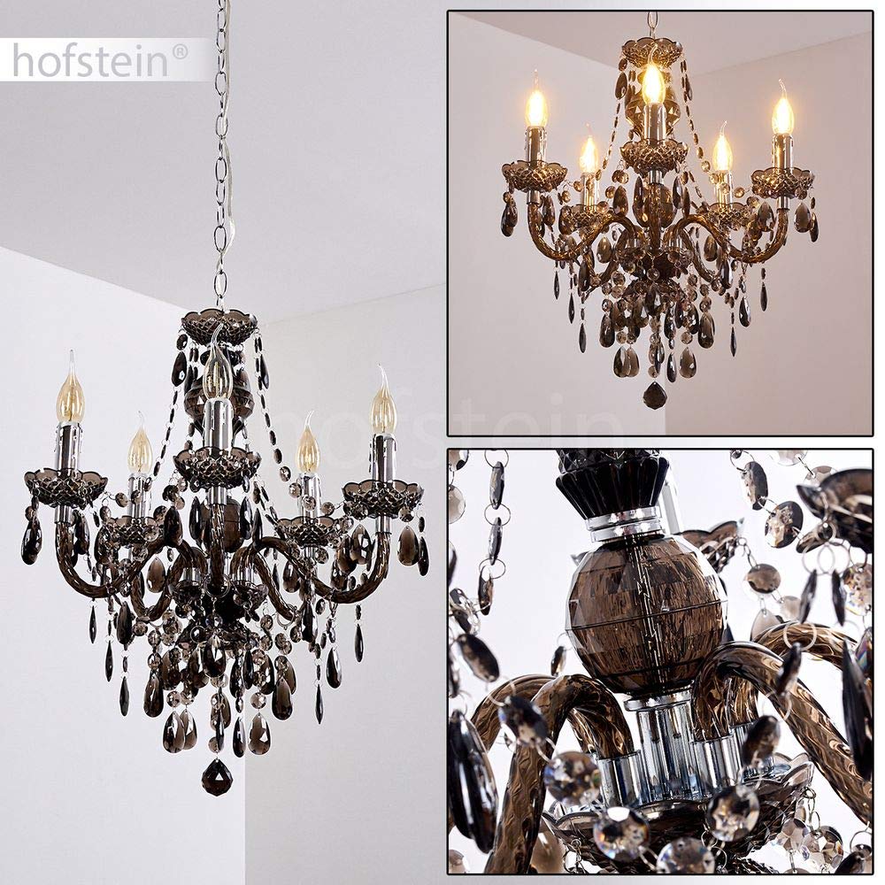 Kronleuchter Delhi aus Metall in Schwarz, Hängelampe 5-flammig, 5 x E14, klassische Pendelleuchte mit Zierkristallen, Vintage/Retro Design, ohne Leuchtmittel,