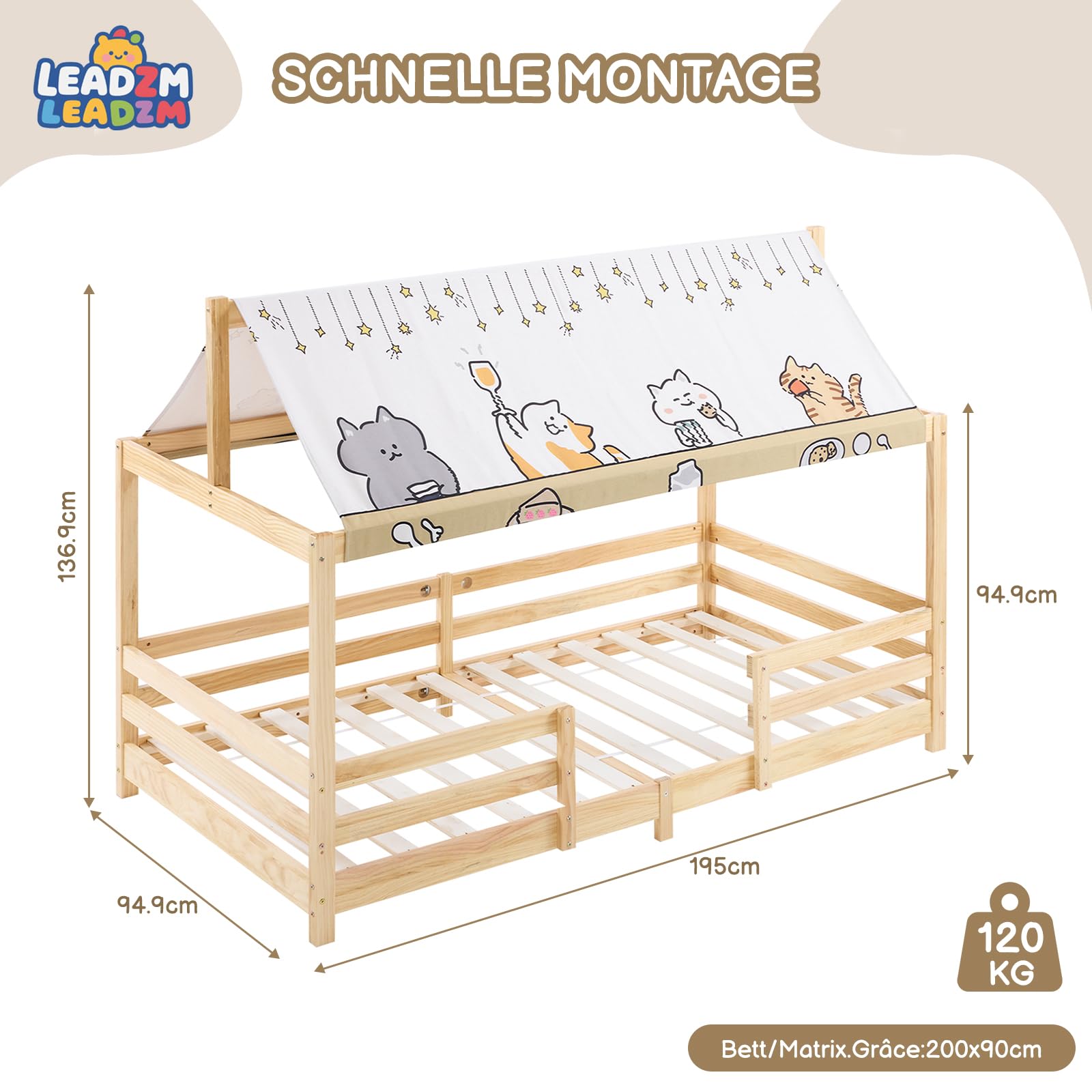 LEADZM Lit cabane Enfant 90x190 cm avec baldaquin en Tissu, sommier à Lattes, barrières de sécurité Enfant Bois en pin Forme de Maison Lit au Sol Montessori (Naturel)