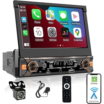Car Radio 1DIN with Fold-Out Screen 7 Inch Automatic Compatible with [Wireless] Apple CarPlay/Android Car Bluetooth Type-C USB 3A Quick Charge AM/FM/RDS Radio Reversing Camera AUX