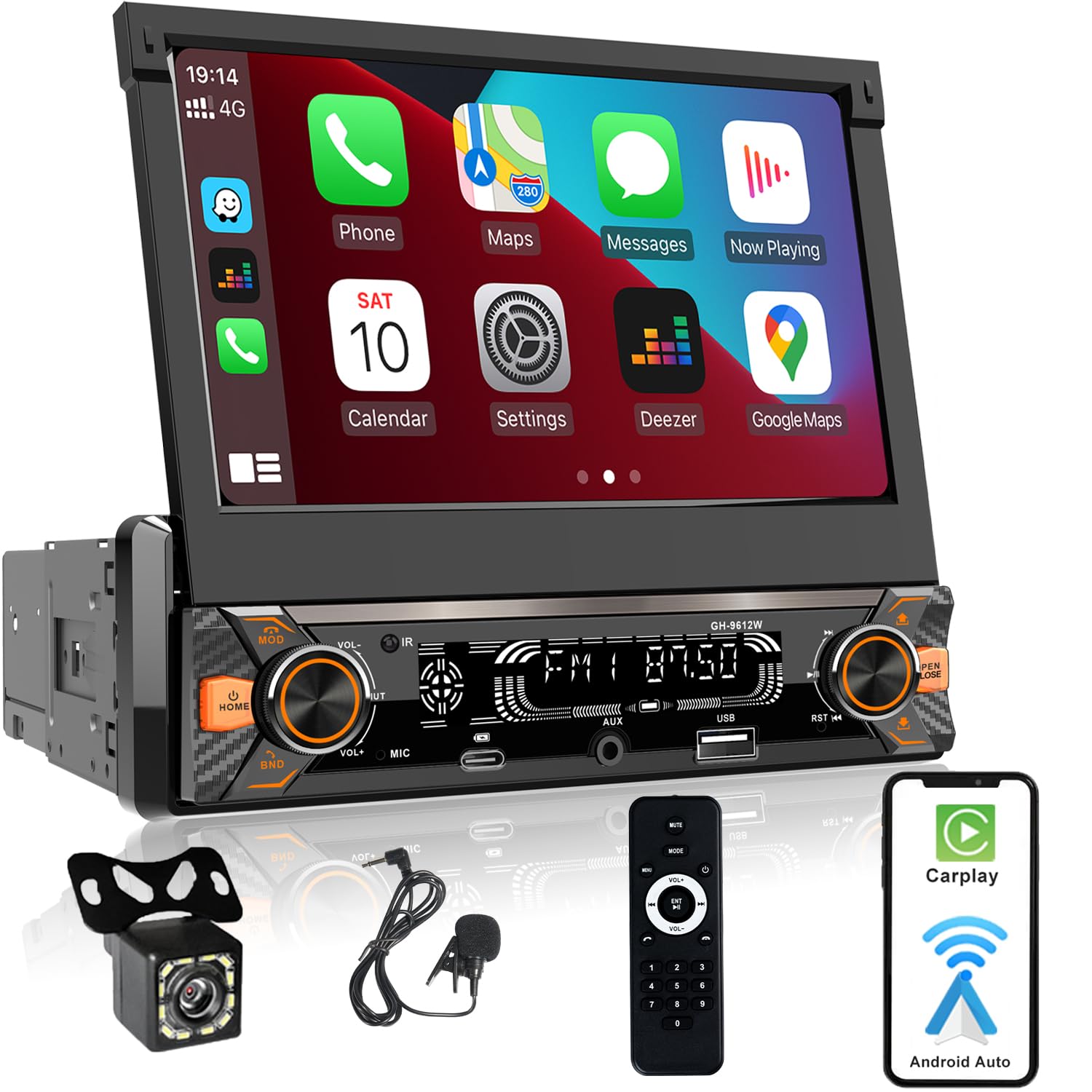 Radio Coche 1 Din pantalla táctil (7" Retráctil Automáticamente) compatible con [Wireless] Apple CarPlay/Android Auto Bluetooth Radio (FM/RDS) USB (Tipo-C carga rápida de 3A) Cámara de respaldo