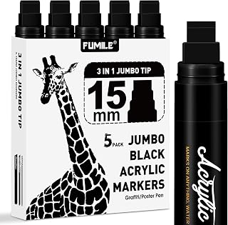 FUMILE 5 Pcs Black Jumbo Poster Marker,15mm Wide Tip Thick Acrylic Paint Pen Paint Markers,Black Graffiti Markers for Poster,Glass,Rock Painting,Ceramic,Wood,Murals and Canvas