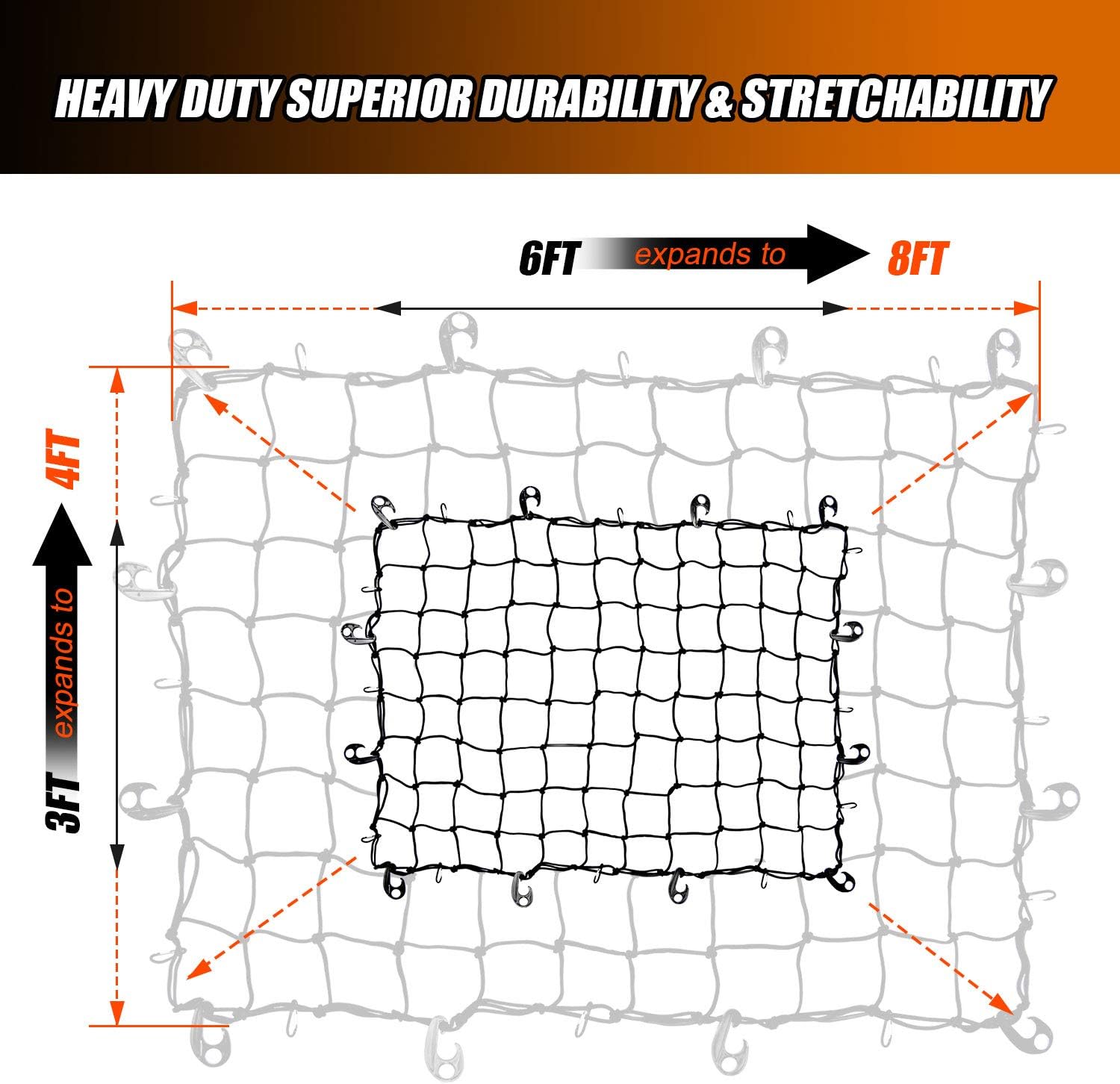 Cargo Bungee Net 3x4 Ft Heavy Duty Net Bed for Pickups SUVs Van/ 6x8 Ft Max Bed Net Storage for Trailer Truck Boat,Handmade Knotting Mesh,12 Metal Carabiners & 12 Plastic Hooks ,Storage Bag