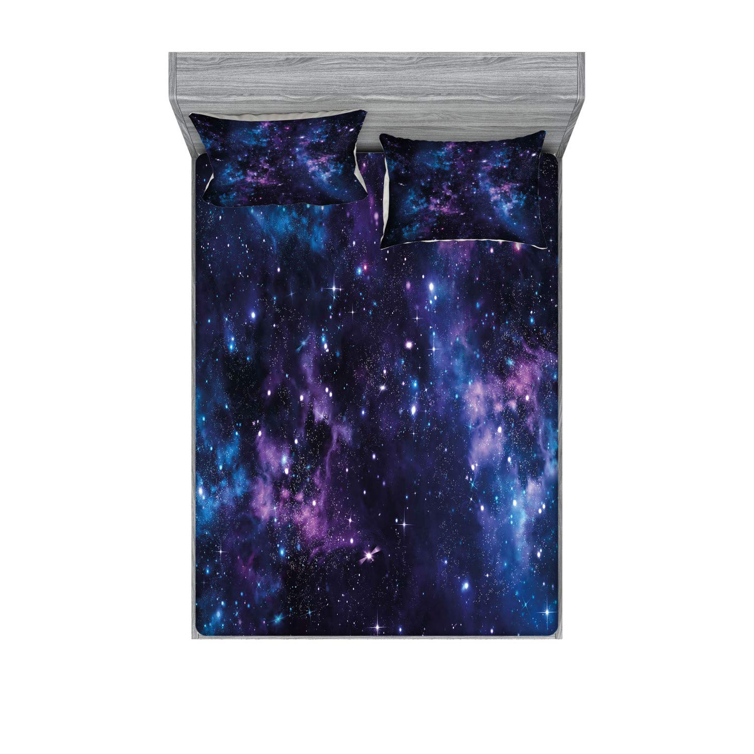 Ambesonne Space Fitted Sheet & Pillow Sham Set, Mystical Sky Star Clusters Cosmos Nebula Celestial Scenery Artwork, Decorative Printed 3 Piece Bedding Decor Set, Calking, Dark Purple and Blue