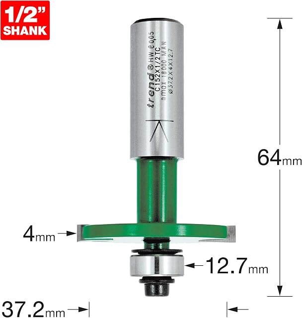 Trend C152X1/2TC Craft Pro 1/2 Shank Guided One Piece Biscuit Jointer Router Cuttter Bit-C152X1/2TC-Diameter 37.2mm Cutting Length 4mm Bearings 12.7mm. 16mm & 19mm Tungsten Carbide Tipped