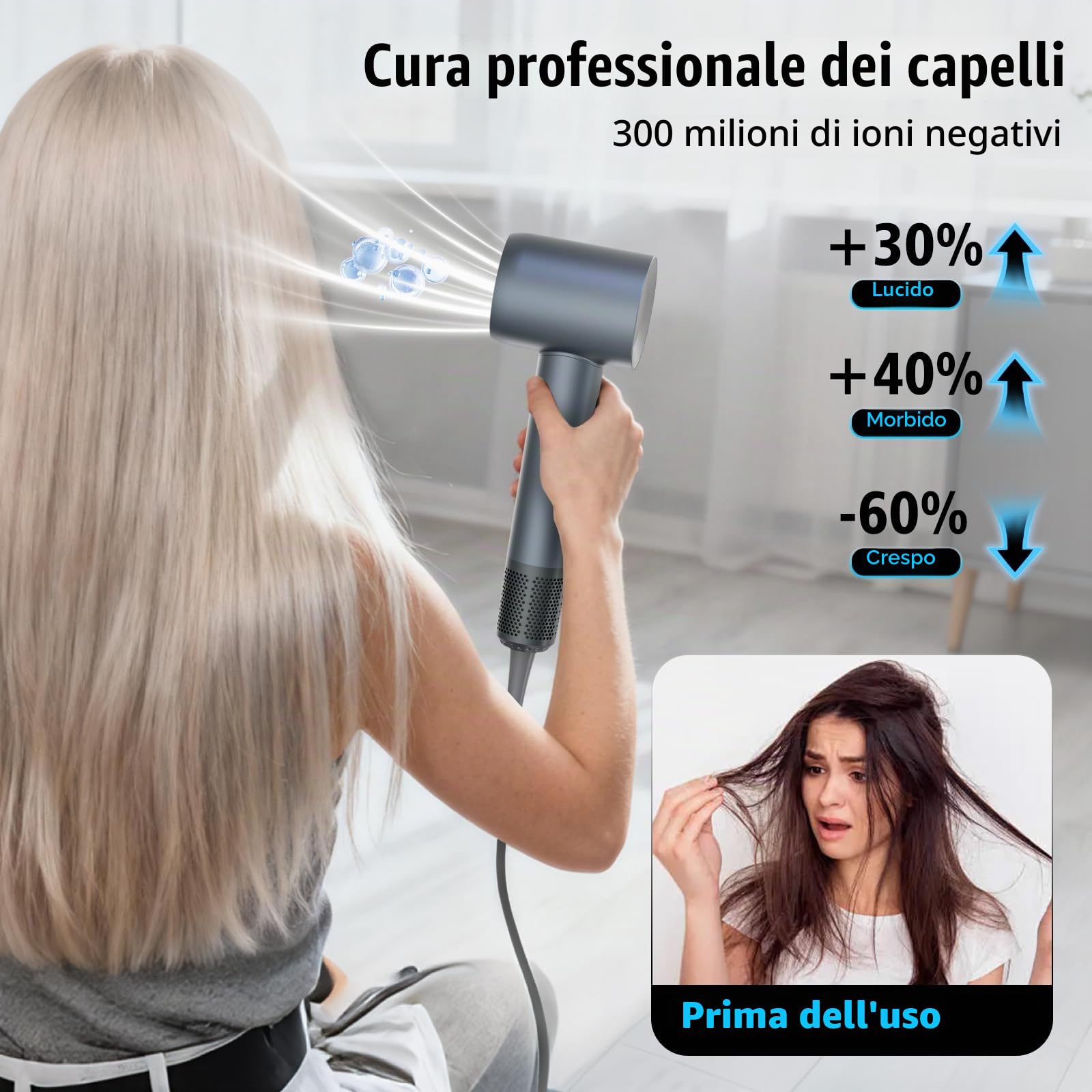 Asciugacapelli Ionico 160.000 giri/min con Diffusore, 59 dB，Blu ghiaccio | Motore brushless 160.000 giri/min, 4 temperature/2 velocità; per ricci e lisci, casa/viaggio, con diffusore.