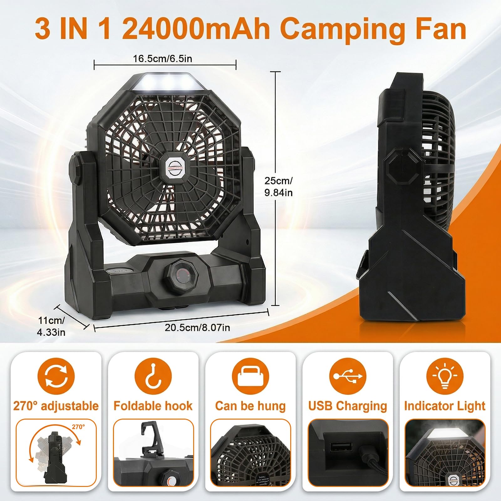 Qoosea Ventilateur de Camping Portable Tente Ventilateur 24000mAh 3 en 1 Ventilateur de Tente Extérieure avec Lumière LED de Classe 3 à 4 Vitesses pour la Pêche en Plein air de Voyage de Tente
