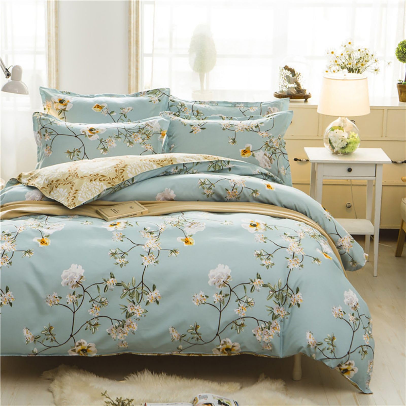Freyamy Grün Blumen Bettwäsche-Sets 135x200 4tlg,Grün Floral Bettwäsche,Botanisch Aesthetic Weich Wende Bettwäsche Gewaschene Mikrofaser 2 Bettbezug mit Reißverschluss und 2 Kissenbezüge 80x80cm