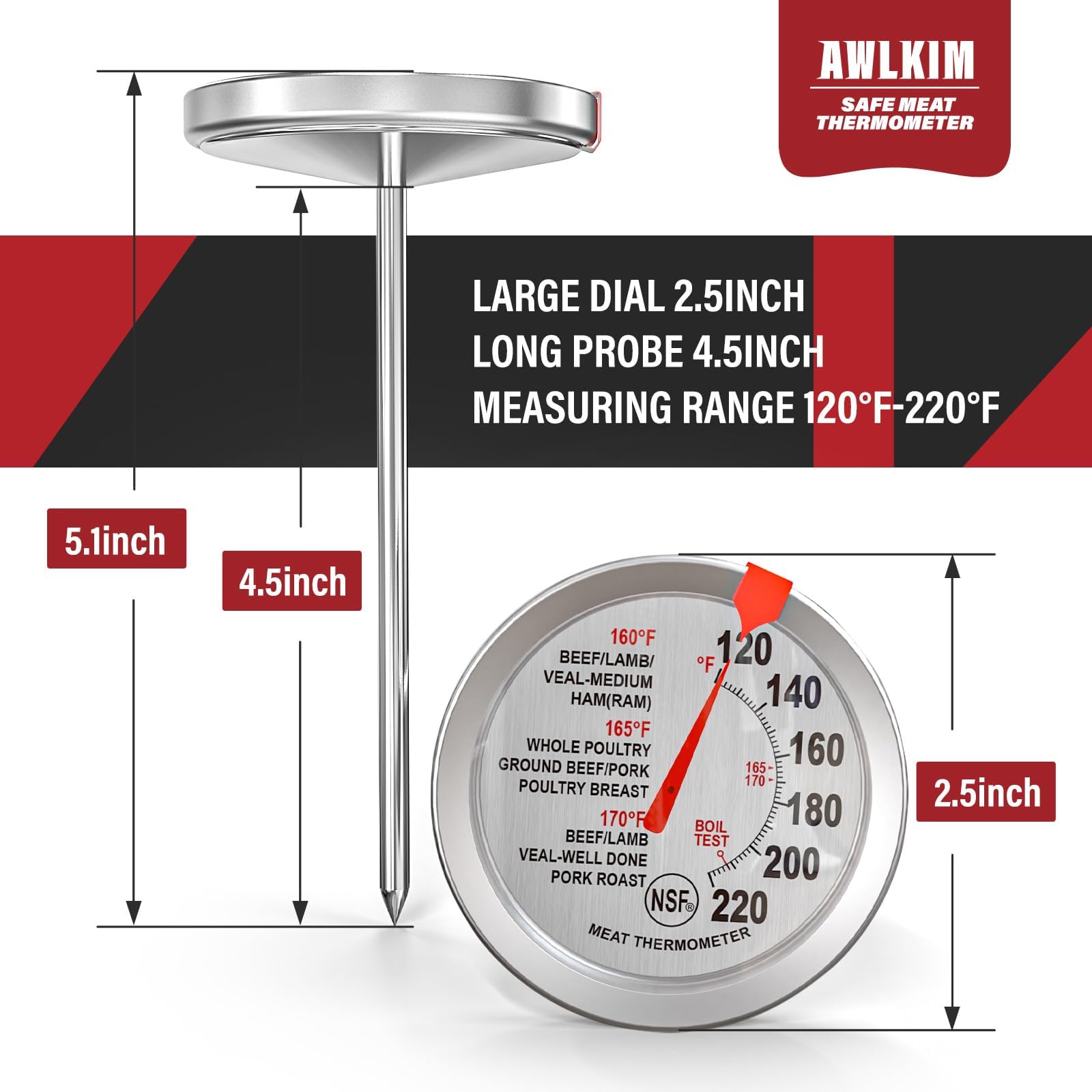 AWLKIM Lot de 2 thermomètres à viande en acier inoxydable, sans danger pour le four, thermomètre alimentaire à cadran extra large de 6,3 cm pour la cuisine, sonde de température pour la pâtisserie
