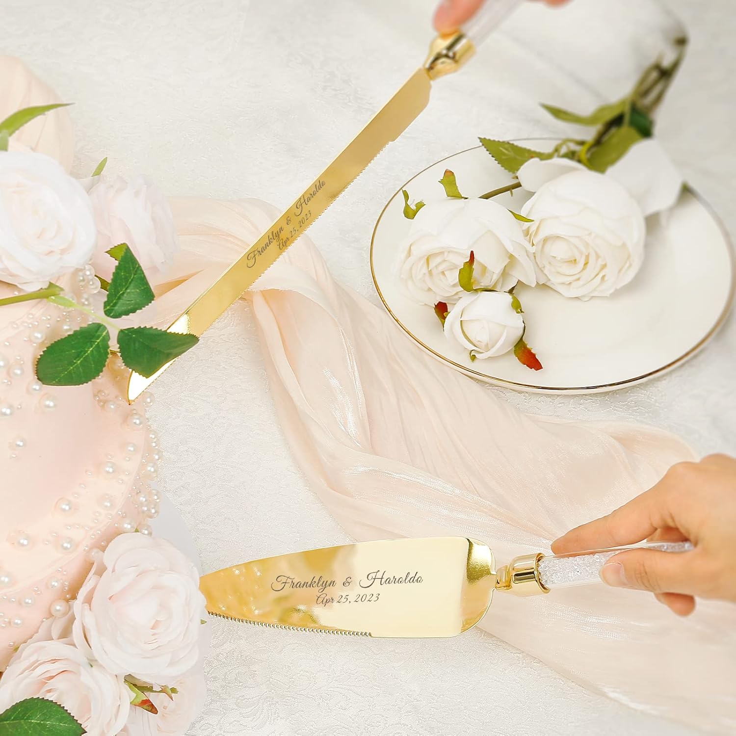 Personalized Wedding Cake Knife and Server Set, Engraved Crystal Cake Cutting Set, Gold Cake Cutter Set, Pie Server Pizza Knife Gift for Bridal Couples Shower (White crystal gold)