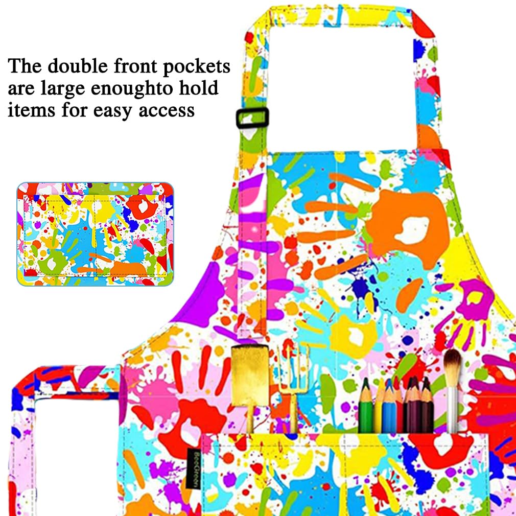 Liutufy Kids Aprons, Adjustable Cartoon Style Apron for Children Cooking Painting Gardening (Orange Handprint) - Image 4