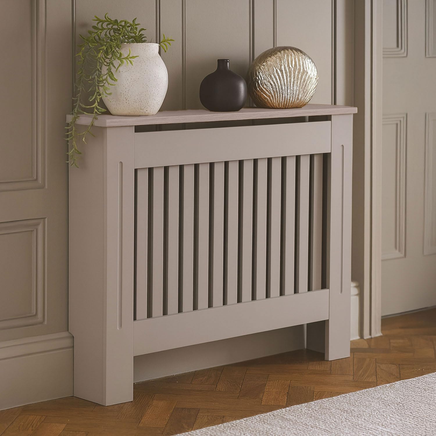 Neo Grey Decorative Radiator Cover Cabinet Wood Panel Slatted Front Compact Heater Design Console Table (Medium H82 x W112 x D19 cm)