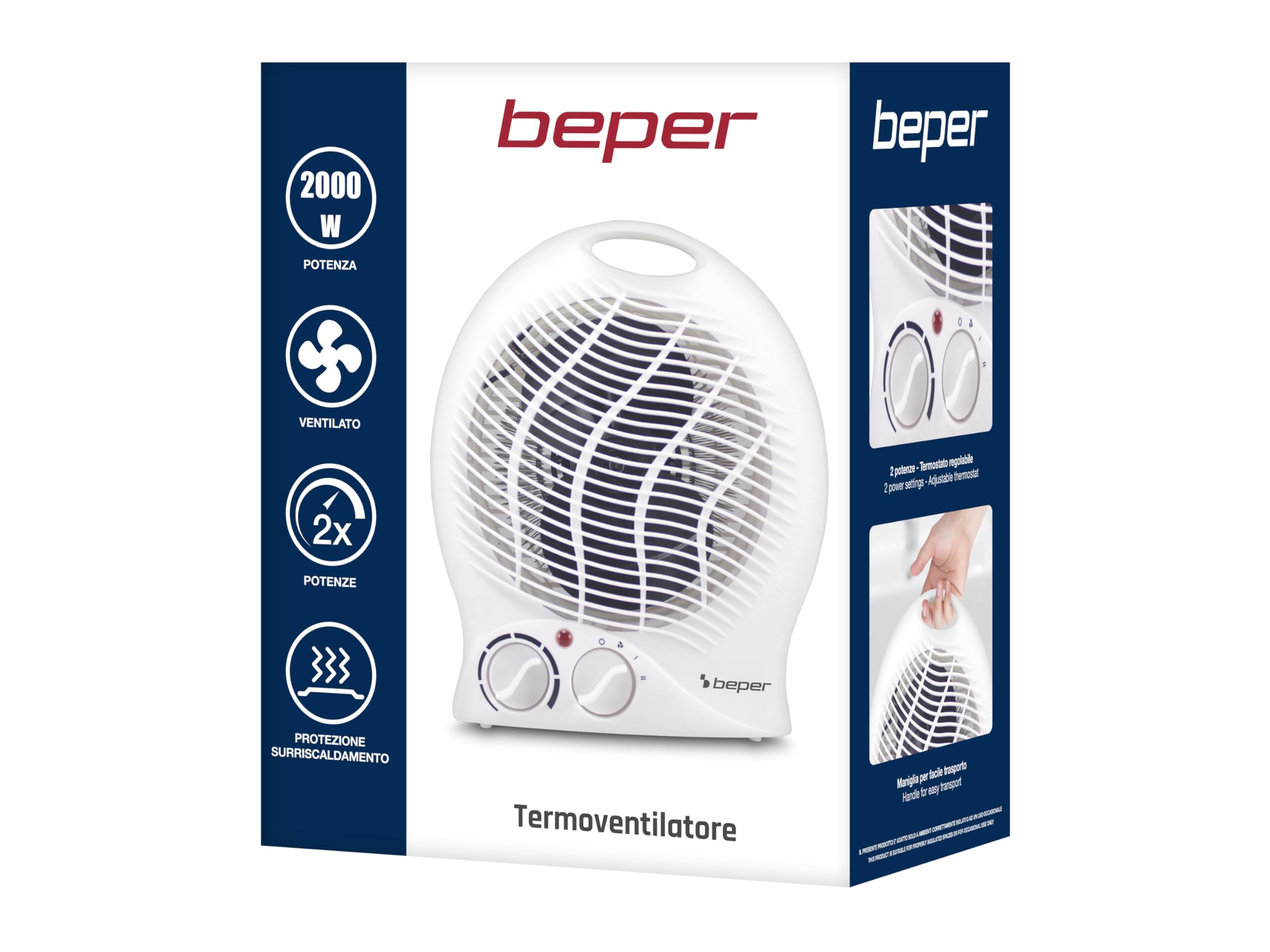 BEPER P203TER202 radiateur soufflant salle de bain, Chauffe-ventilateur, 2000W, 2 Puissances sélectionnables, Chauffe-ventilateur compact avec thermostat réglable, Mode éco et arrêt automatique, Blanc