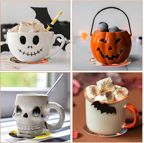 Miniatura 6 de 8 piezas de posavasos de pintura de diamantes vintage de Halloween con soporte, posavasos de arte de diamantes vintage de Halloween, posavasos