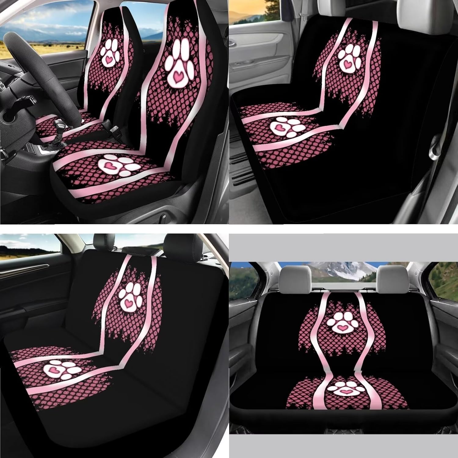 Universal Full Set Automotive Seat Covers for Women Girls, Dog Paw Print Front Back Seat Protector Covers for Dog Lovers with Steering Wheel Cover Seat Belt Covers Headrest Covers, 15Pcs