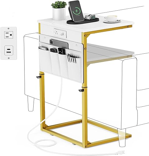 Miniatura 17 de Vagusicc Juego de 2 mesas auxiliares en forma de C con estación de carga, mesa auxiliar pequeña para sofá, mesa auxiliar de sofá de altura 2 piezas